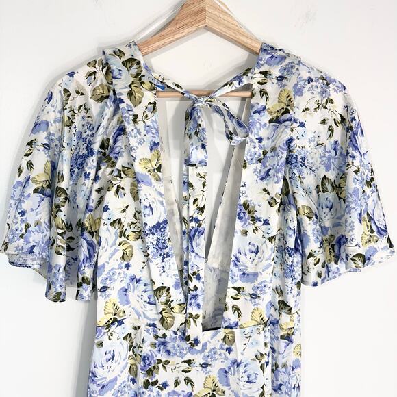 Les Reveries Silk Deep Neck Flutter Sleeve Midi Maxi Dress | Blue Floral | SZ 4 - Picture 8 of 11